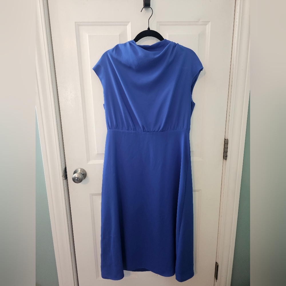 Royal Blue A-line Dress with Cap Sleeves and Cowl Neck for Wedding Guest